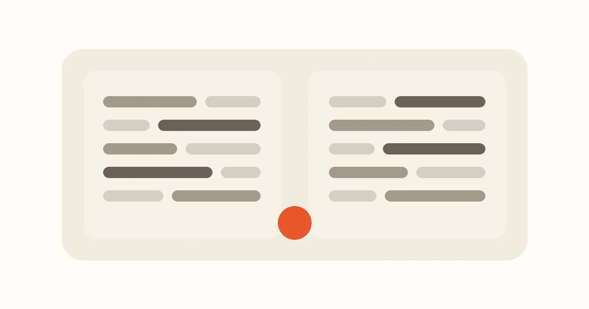 Open book made of abstract word blocks with one orange marker at the center