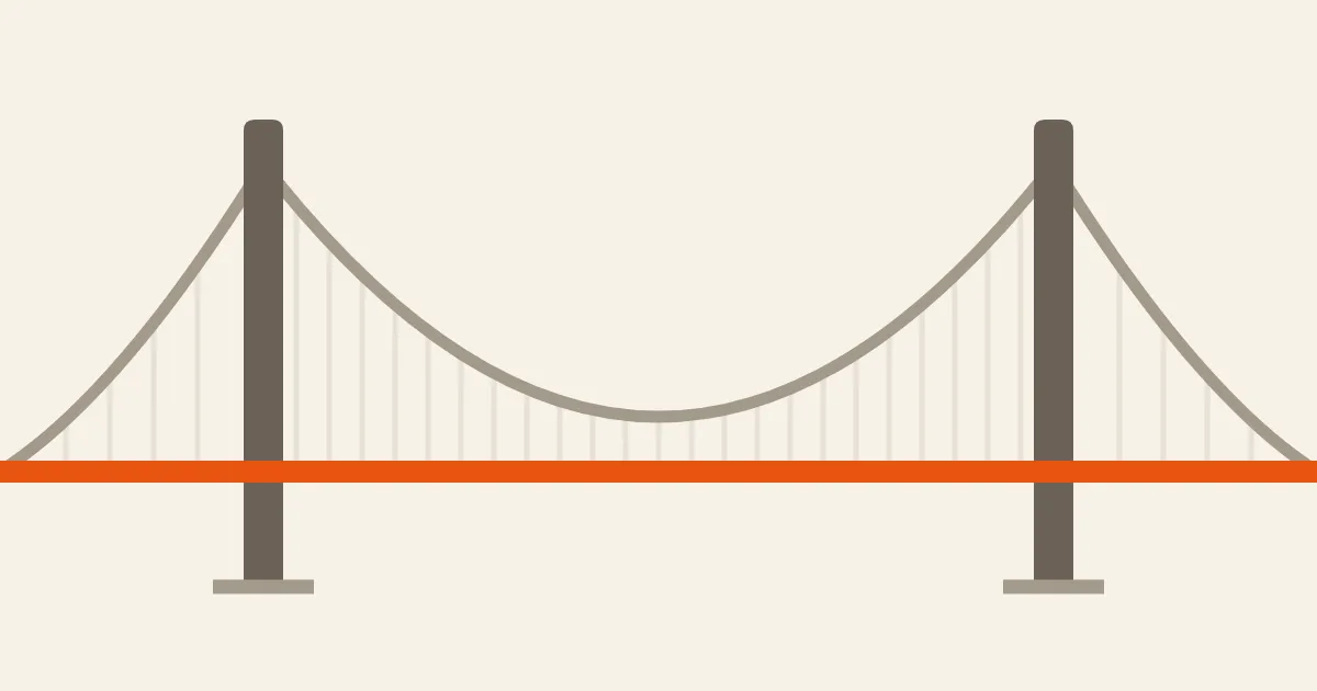 A suspension bridge with warm taupe towers and curved cables supporting a continuous orange roadway on a cream background