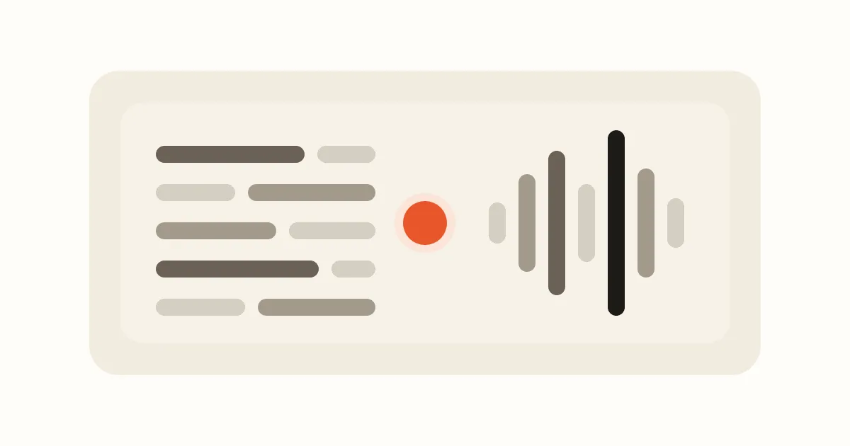 Abstract passage of rounded word blocks beside a vertical sound wave, joined by an orange circular selector