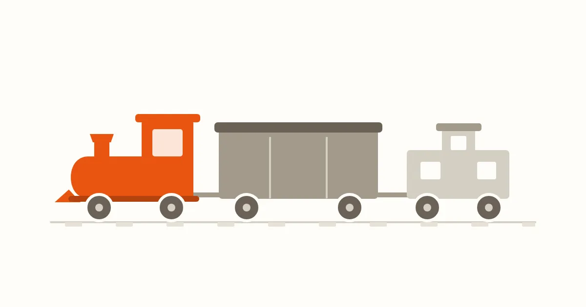 An orange locomotive and a pale caboose joined to a larger taupe freight car on a cream background